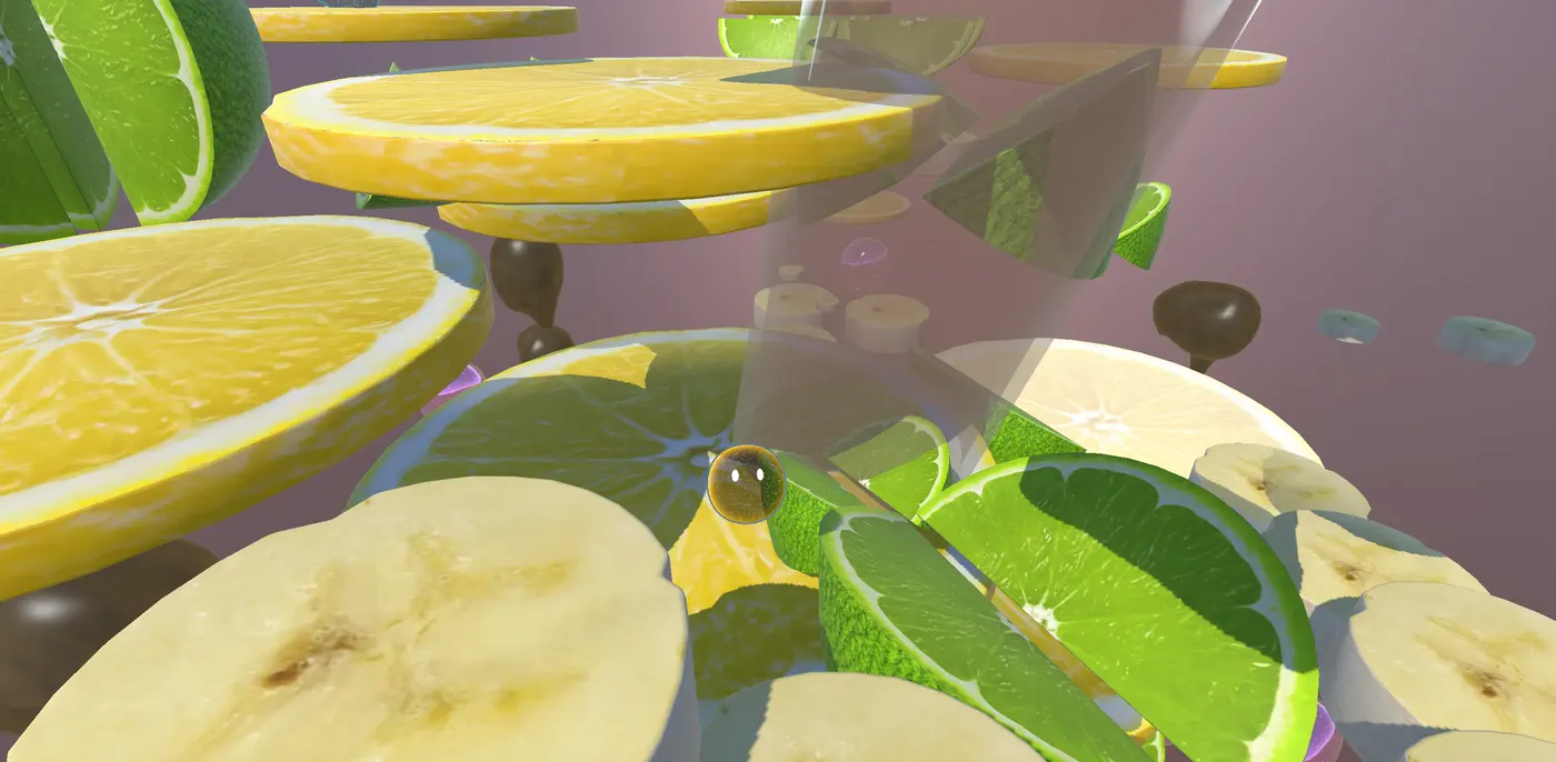 The pearl jumping across slices of lemon, lime and banana