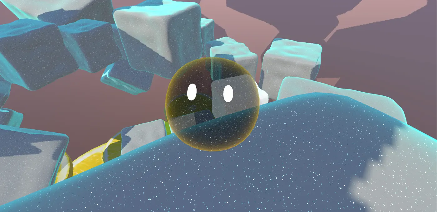 A see-through boba pearl with eyes, among sugar cubes