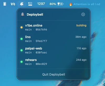 The Deploybell menu: v1be.online building, lino, palpal-web and rehears ready