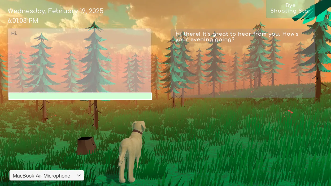 A golden retriever on a meadow at sunset, saying it is great to hear from you