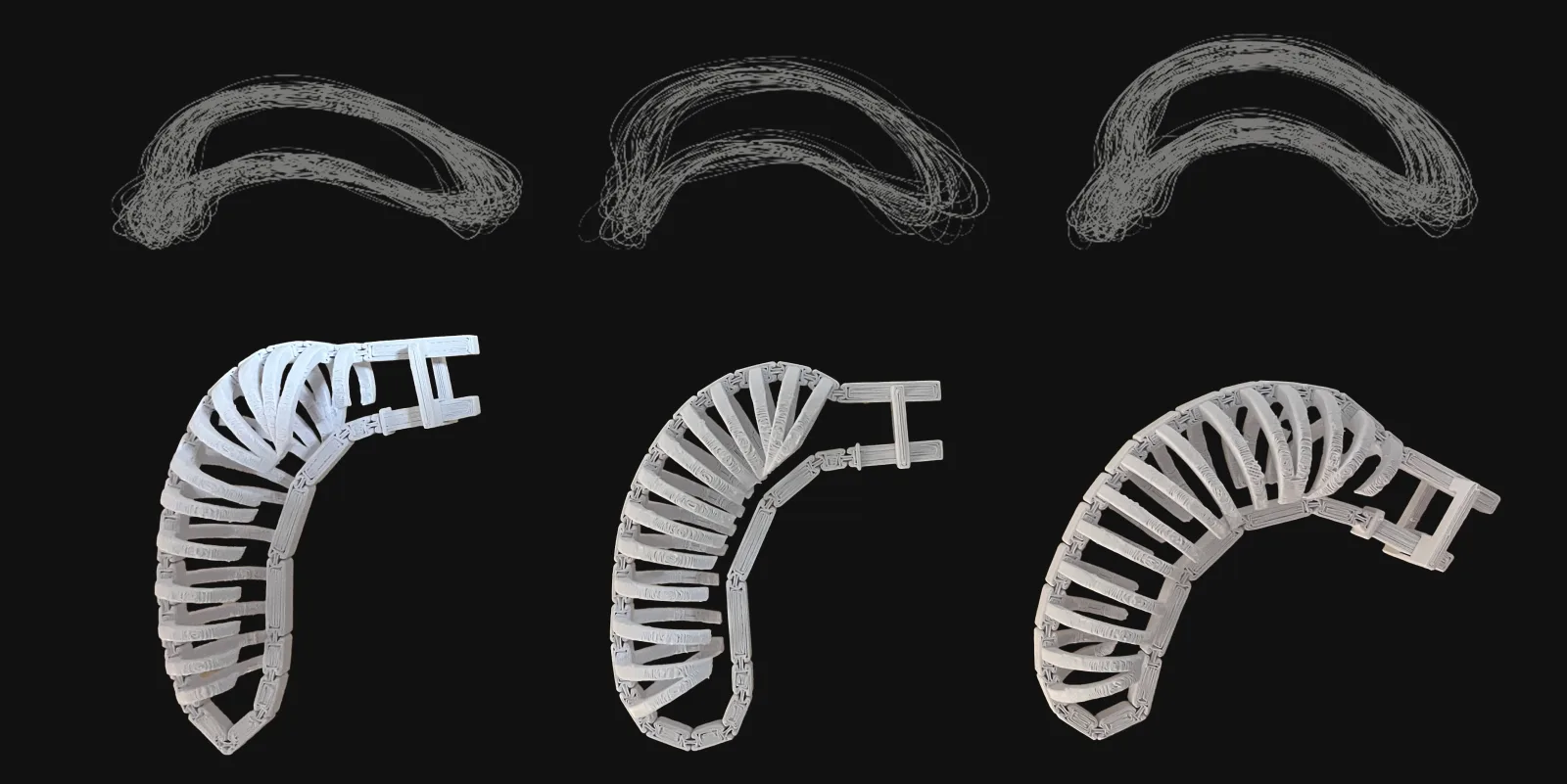 The overlaid outlines of three banana clusters, each above a white printed case with the same curve