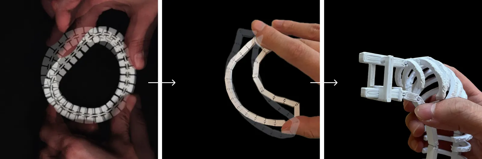 Three steps: the compliant ring, the ring bent to a banana outline, and the 3D case