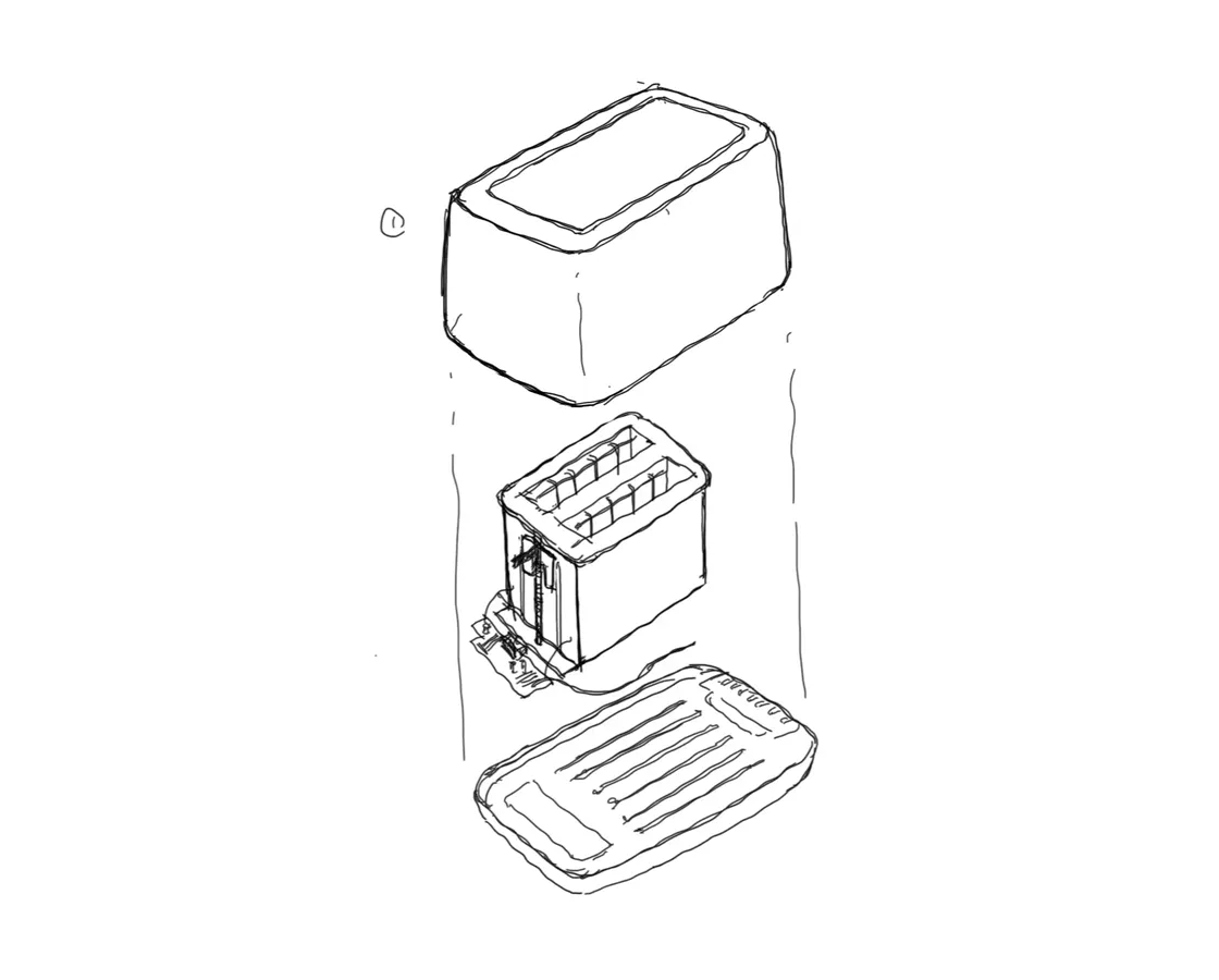 Pen sketches of the toaster hack: the shell off, a foil sensor and button, a relay to the scanner, a pulley and rope to move it