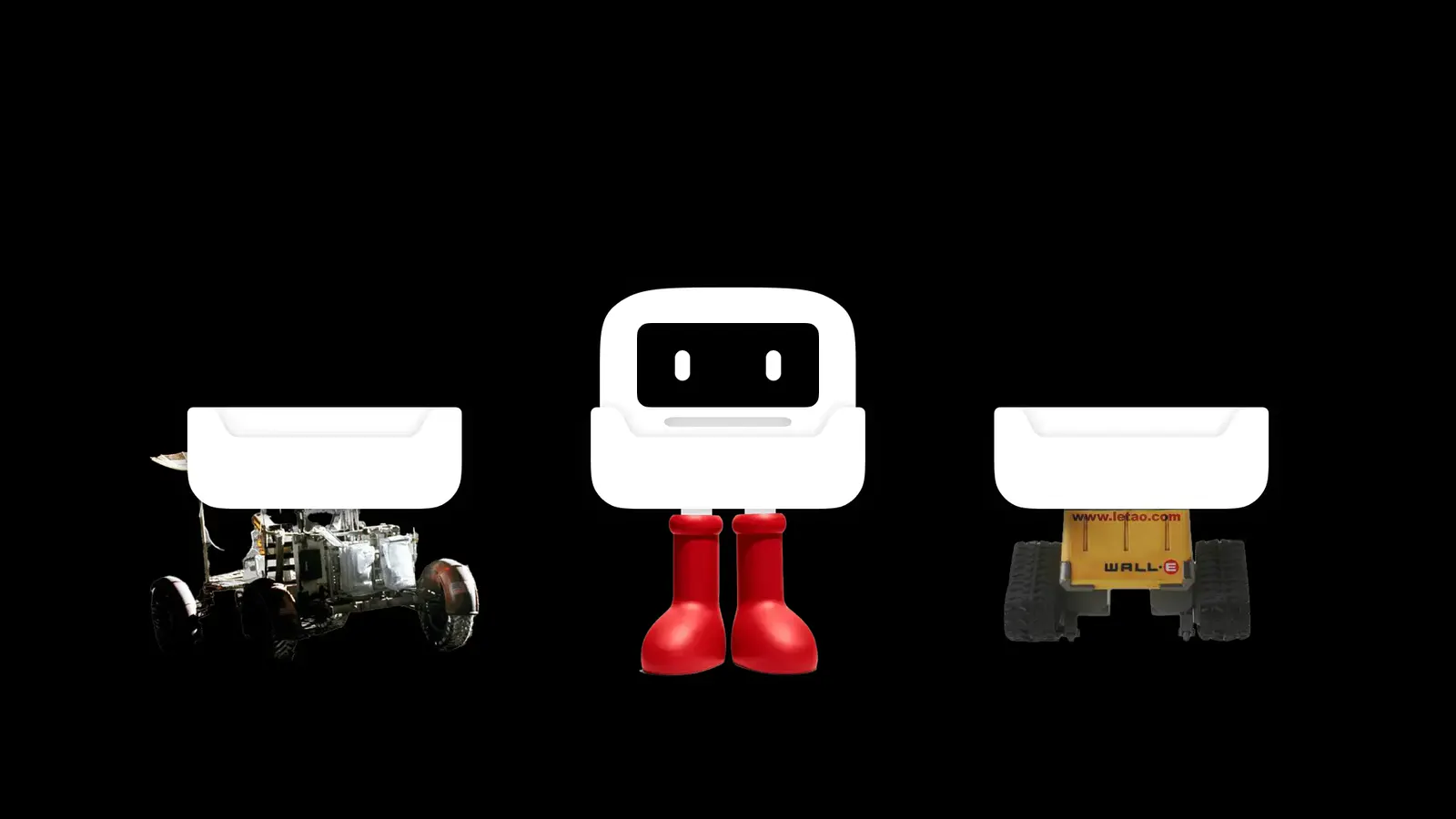 The case on three docks: a wheeled rover, a pair of red boots and caterpillar tracks