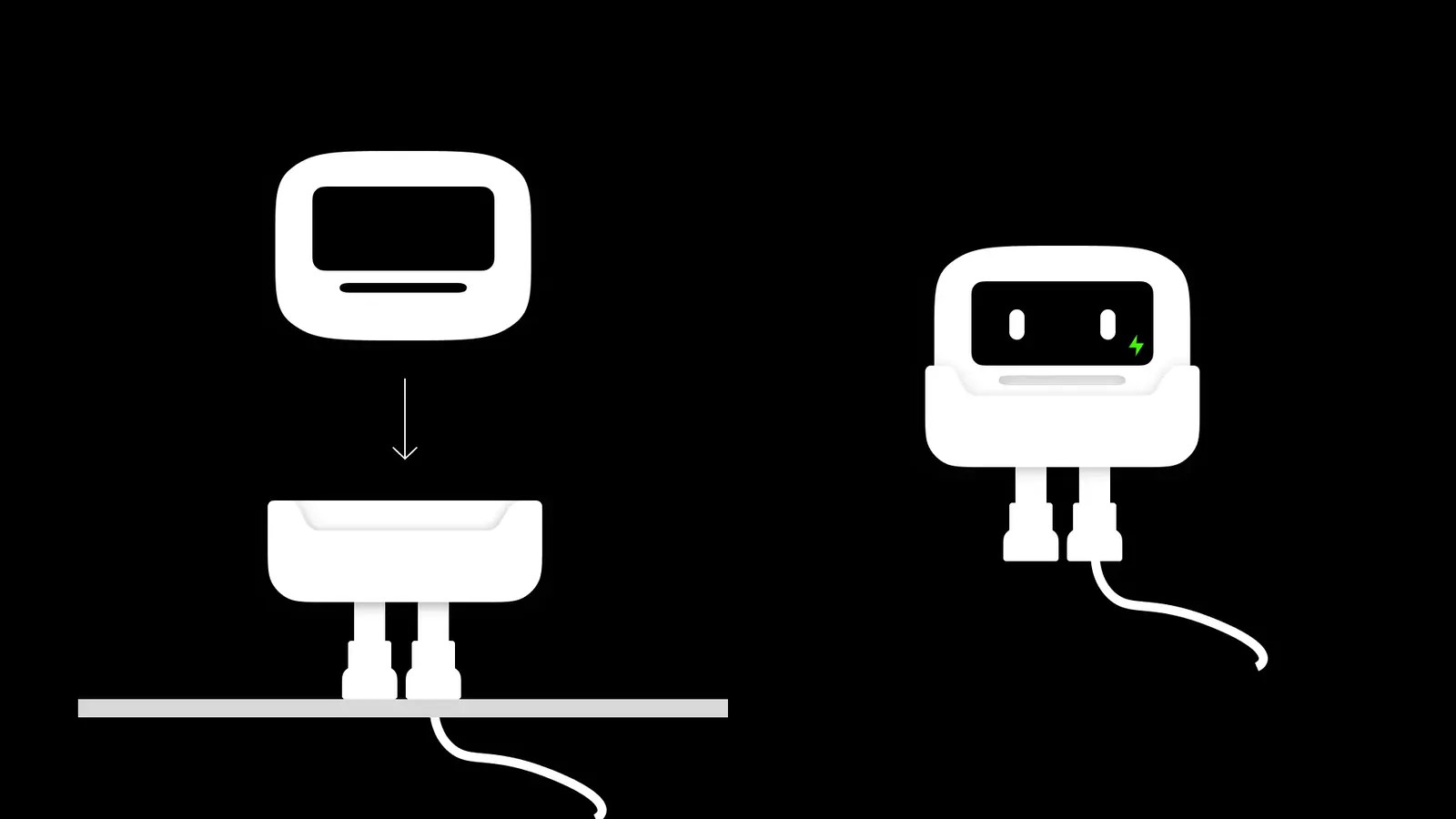 The case drops onto a dock with legs and becomes a small robot with a face