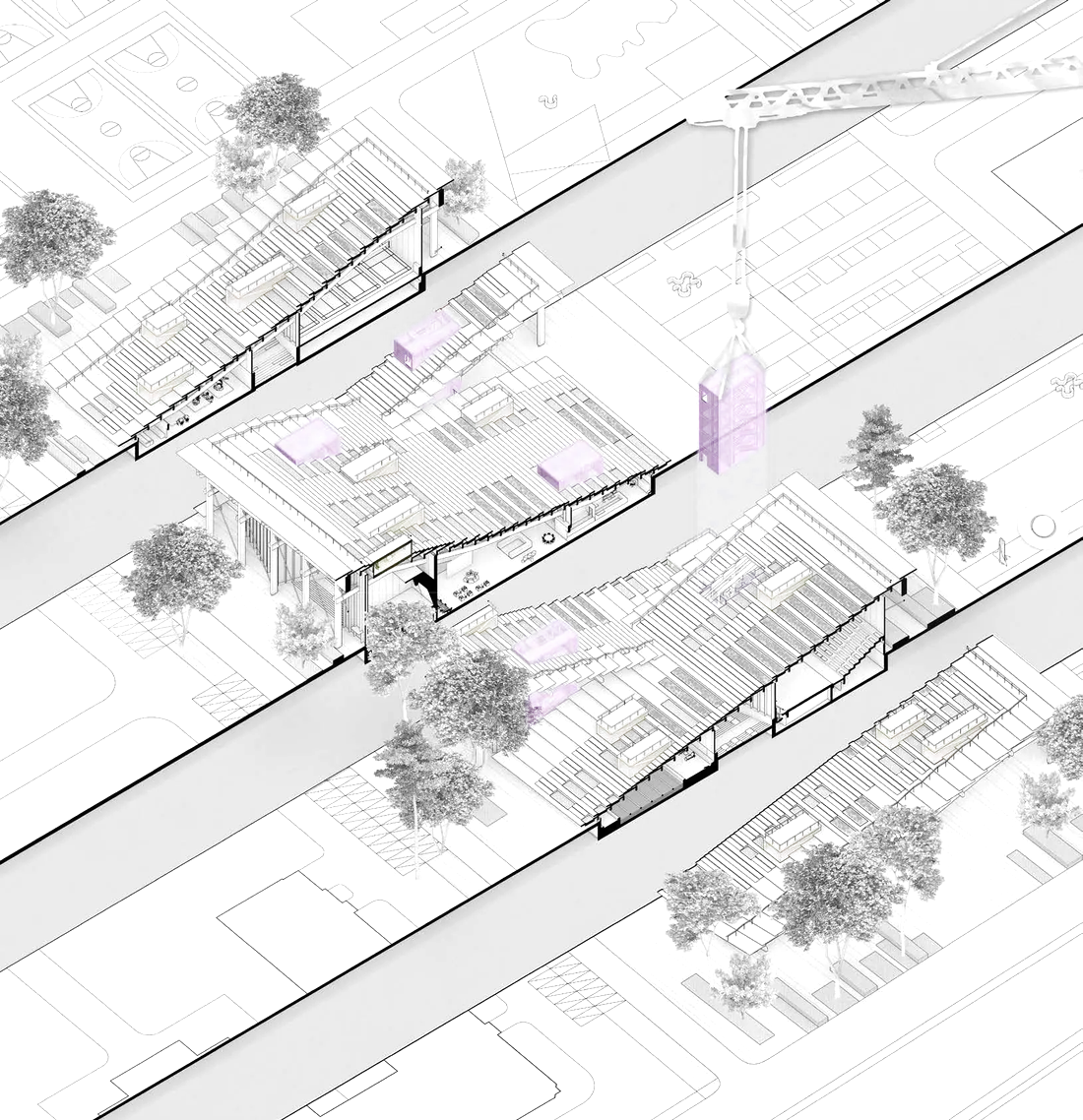 An axonometric section: halls under the roof, small boxes set into the stepped roof above