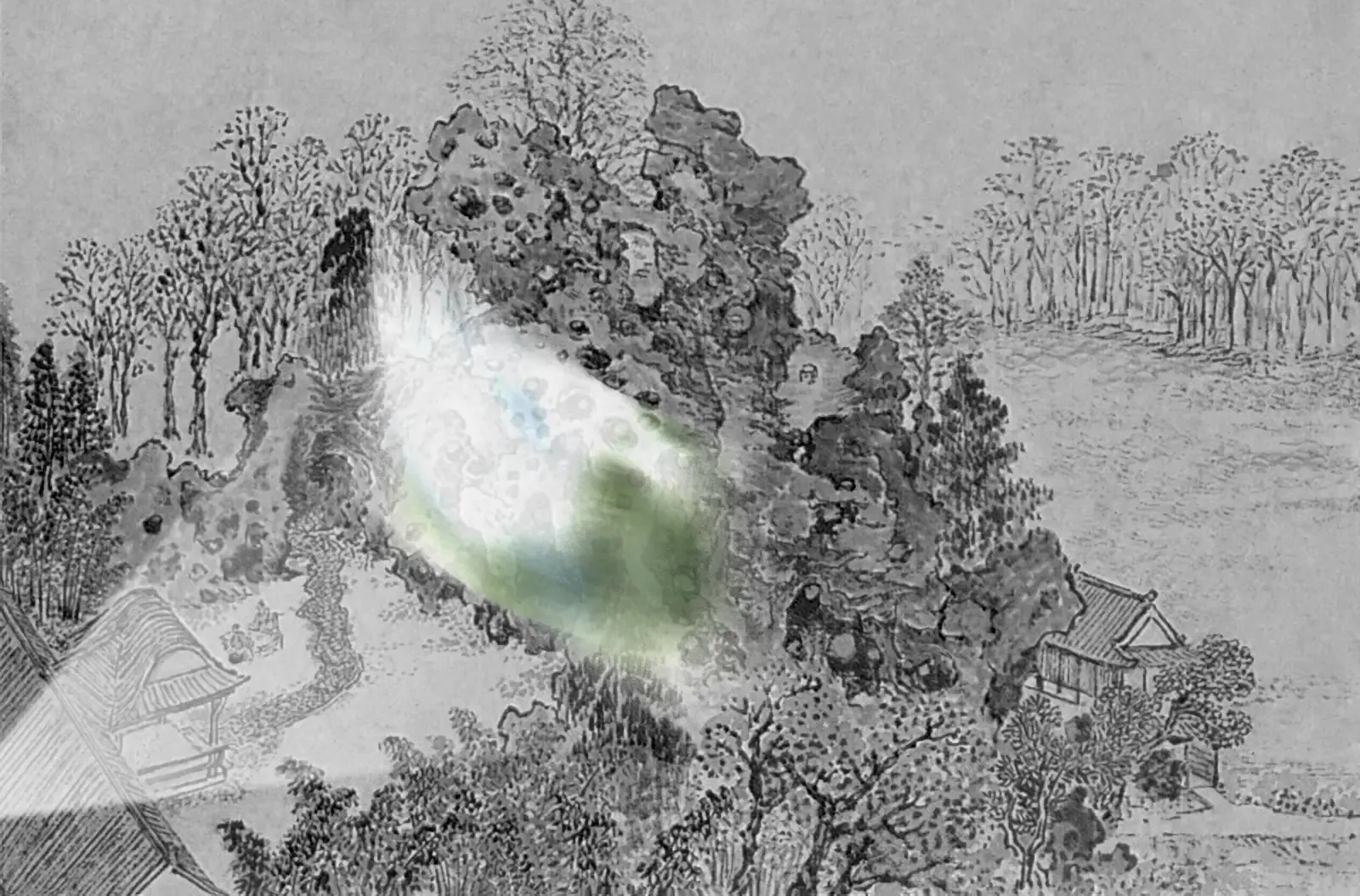 A Chinese landscape painting in grey, with a glowing green rock at its centre