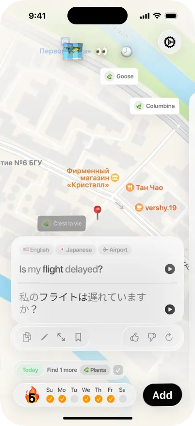 A map with phrases pinned where they were learned, and a weekly streak