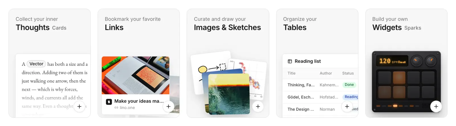 Cards, links, images and sketches, tables and Sparks