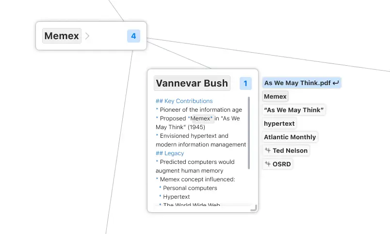 A Memex card linked to a Vannevar Bush card, from the 2024 prototype