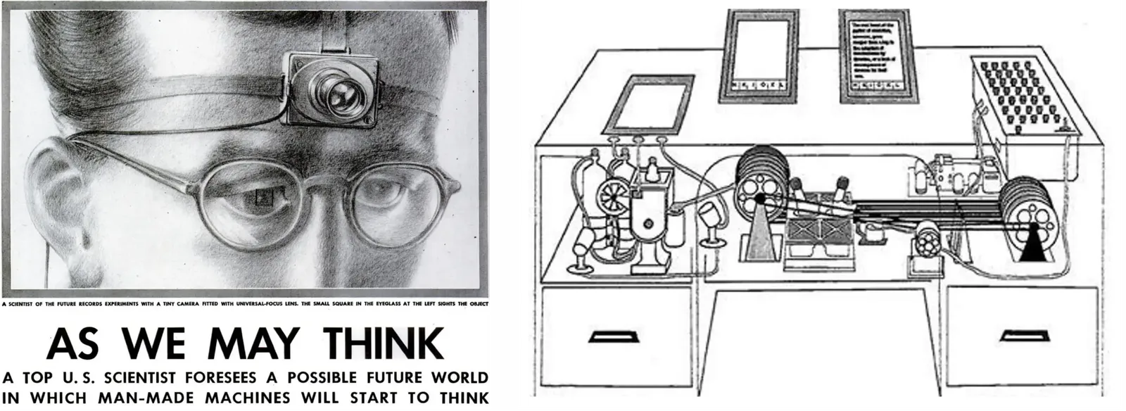 A man with a camera on his forehead, and a drawing of the Memex desk