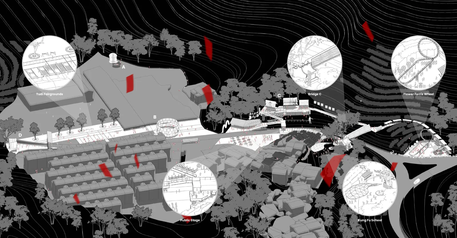 A hillside hamlet in grey, its belief spaces marked in red, with circles zooming into a stage, a bridge and a Ferris wheel