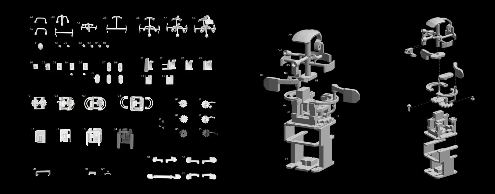 Generations of Piko's 3D-printed parts, and the assembled skeleton