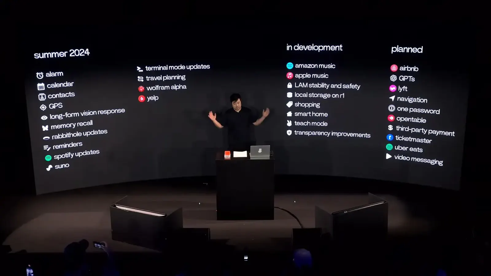 On stage, a wall lists the R1 features shipped in summer 2024, in development and planned