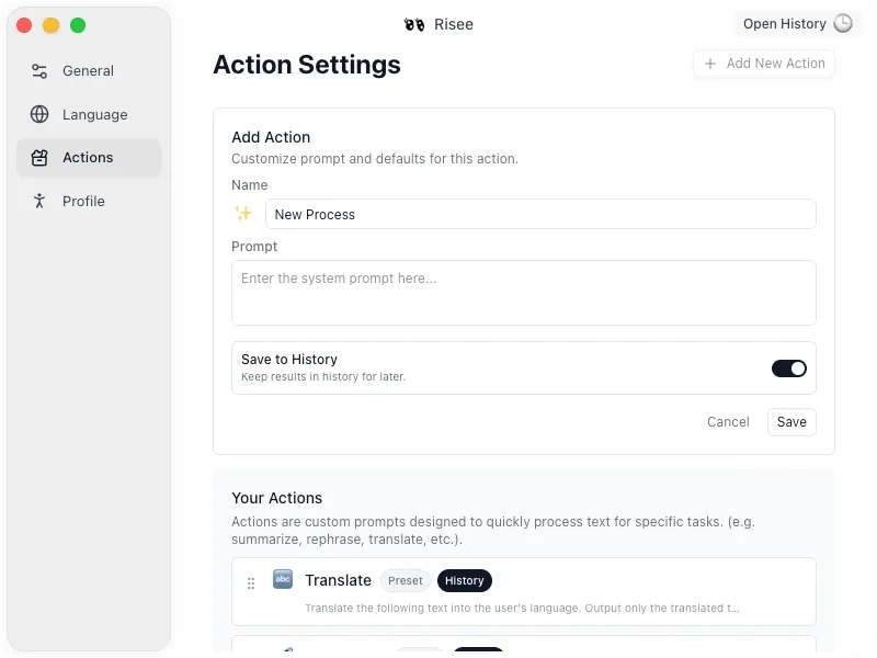 Risee's Action Settings: a name, a prompt, and whether to save results to history