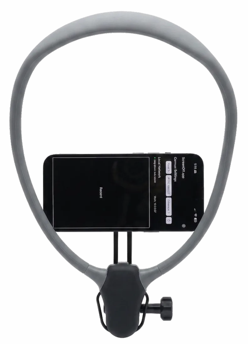 The iPhone on a neck mount, from the side and from the front with the capture app open