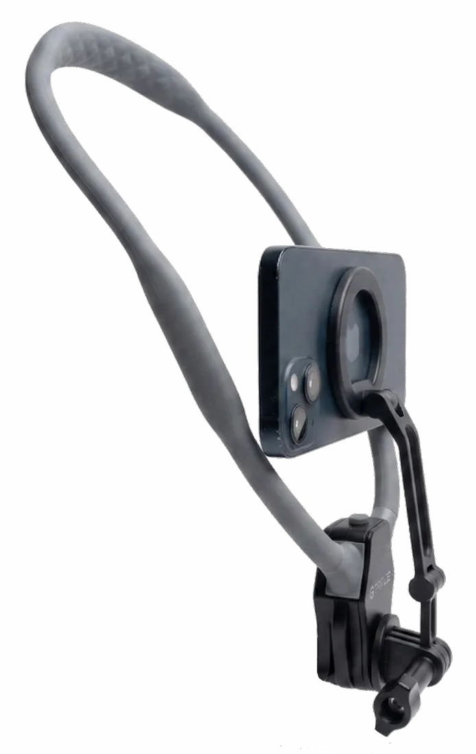 The iPhone on a neck mount, from the side and from the front with the capture app open