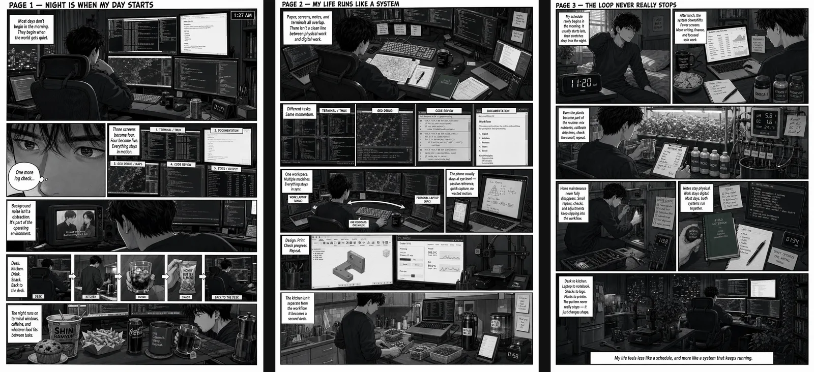 Three manga pages: late nights at a desk of many screens, the kitchen, plants and a 3D printer