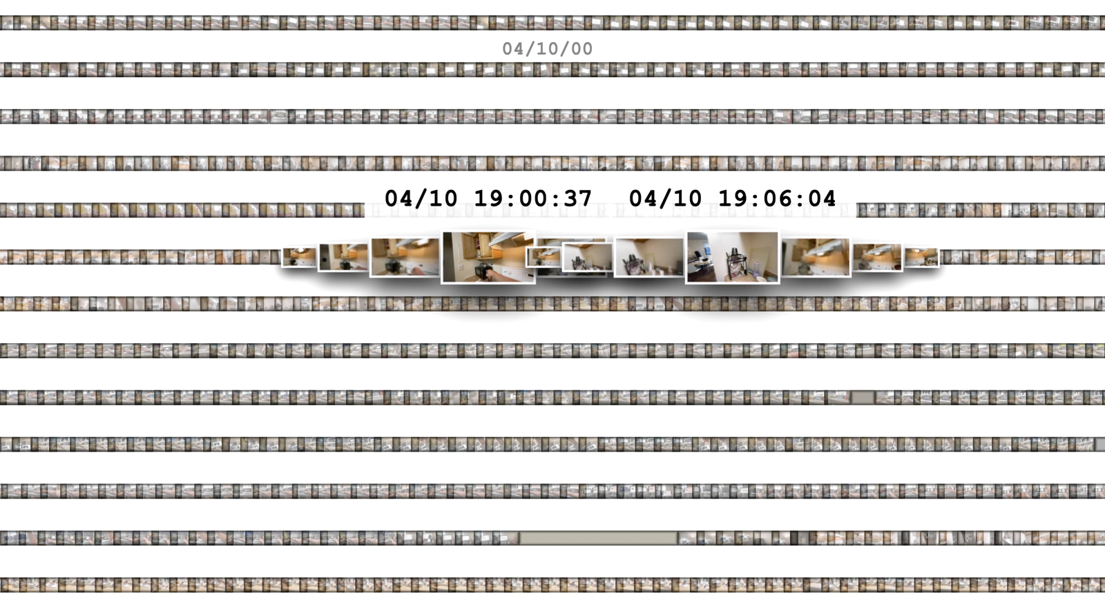 Rows of tiny frames in time order; two clusters from the evening of April 10 are enlarged