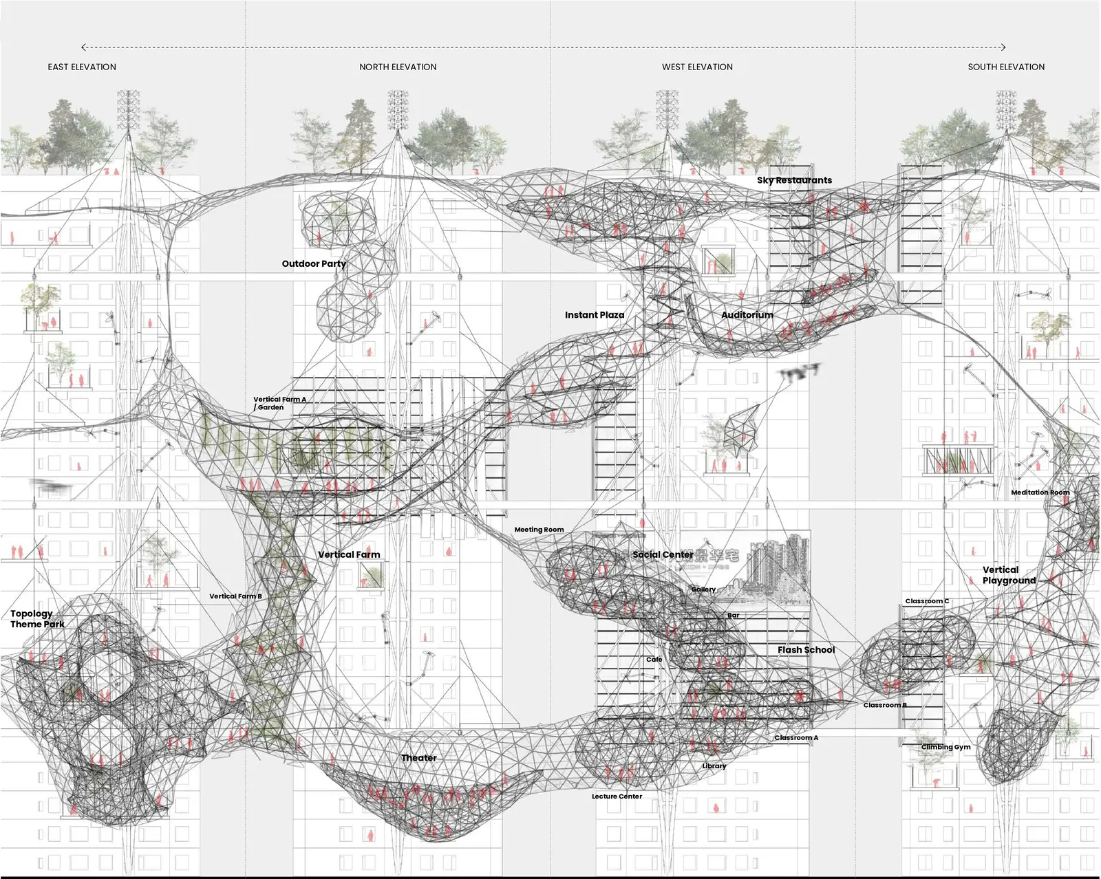 Four elevations of the towers, wrapped in a lattice that holds a theater, farms, restaurants, classrooms and a playground