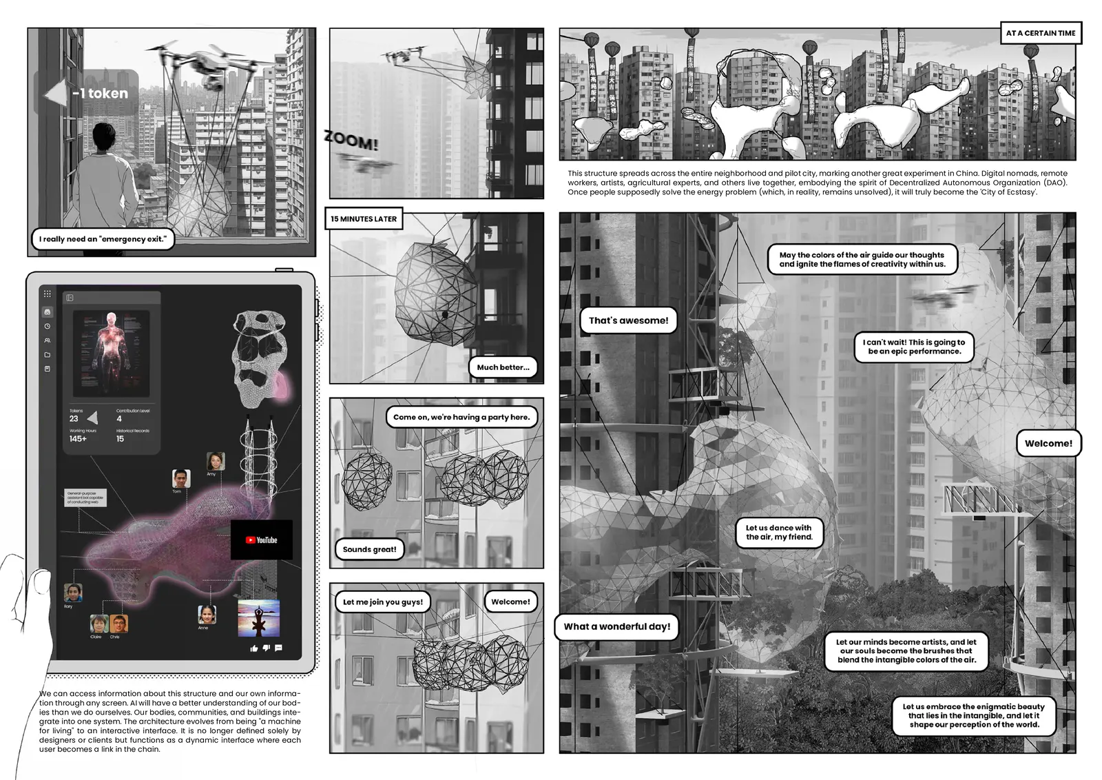A comic: a resident spends a token on an emergency exit, and a soft structure grows between the towers for a party