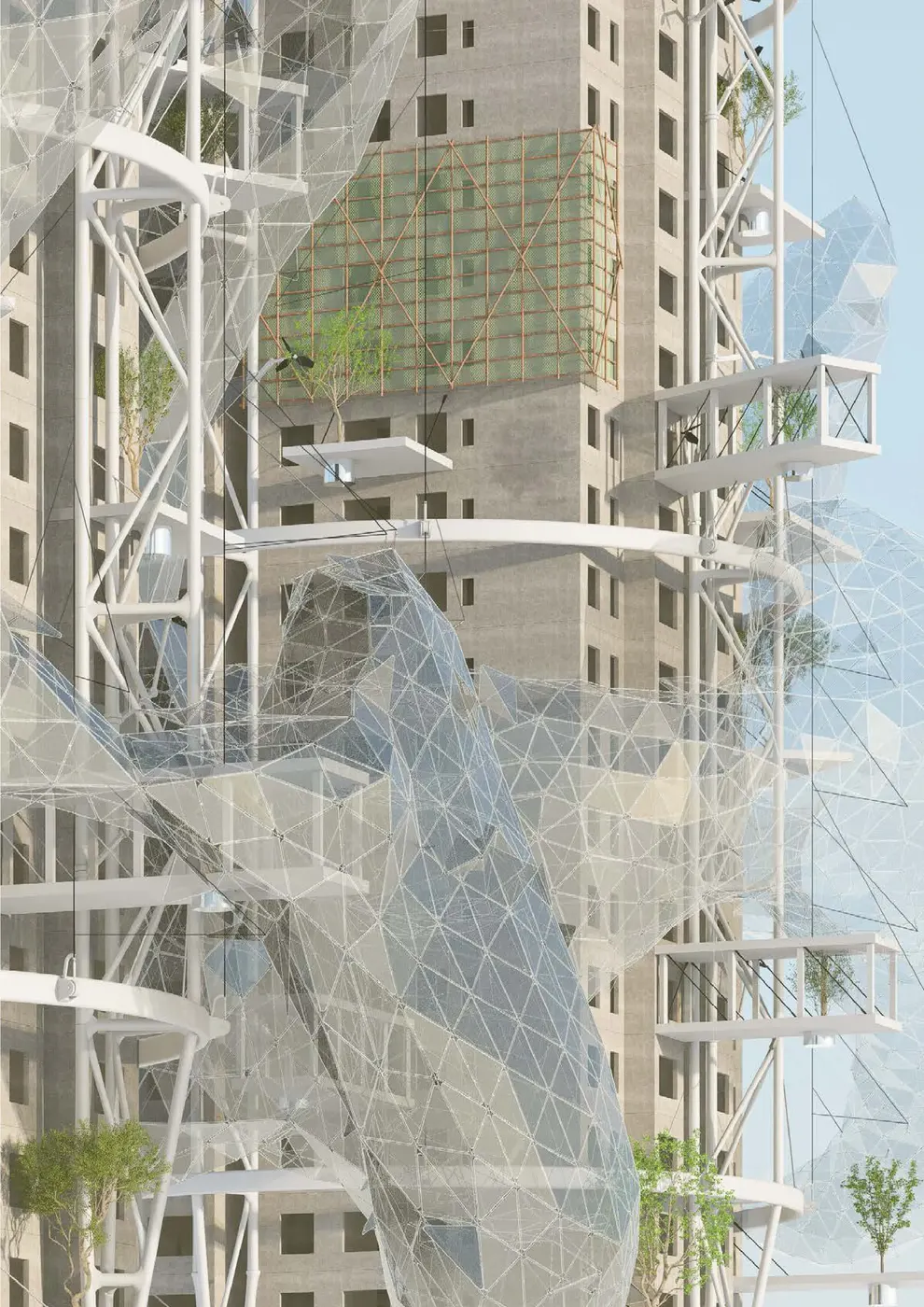 A concrete tower wrapped in a soft, see-through lattice with gardens and platforms